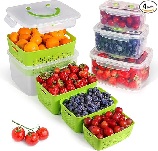 Fruit Storage Smiley Containers for Fridge - Keep Fresh with BPA-Free Lids - Ideal Vegetable & Berry Organizer - 4 Pack Dishwasher Safe Produce Saver - Stackable Containers with Drain Tray