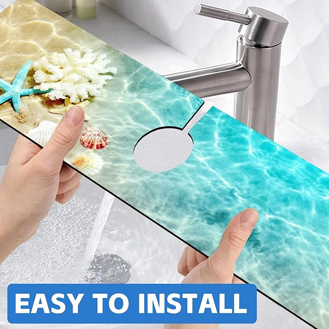 Beach Dish Drying Mat for Kitchen Sink Starfish Coral and Seashell Splash Guard Behind Faucet Sink Mat Absorbent Fast Drying Faucet Draining Mat for Bathroom Kitchen 5.5"×24"