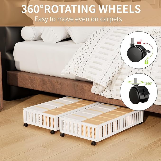 Bamboo Under Bed Storage with Wheels,Rolling Underbed Shoe Organizer Box for Shoes,Blankets,Toys,Clothes Container Space-Saving Bins for Bedroom,Closet,Dorm,Nursery