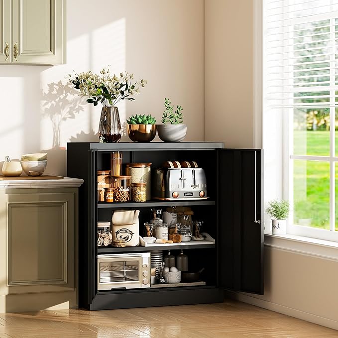 Garage Metal Storage Cabinet with Lock, H35.5 Short Storage Cabinet with Adjustable Shelves and Doors, Metal Tool Cabinet Lockable for Garage, Utility Room