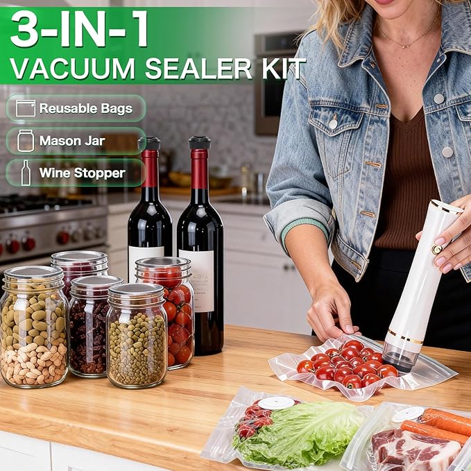 3-IN-1 Compact Vacuum Sealer for Food with Reusable Bags & Mason Jar Kit, Ultra-long 100-minutes Vacuuming Time, 6X Freshness Keep for Home Kitchen RV Travel Seal Meal