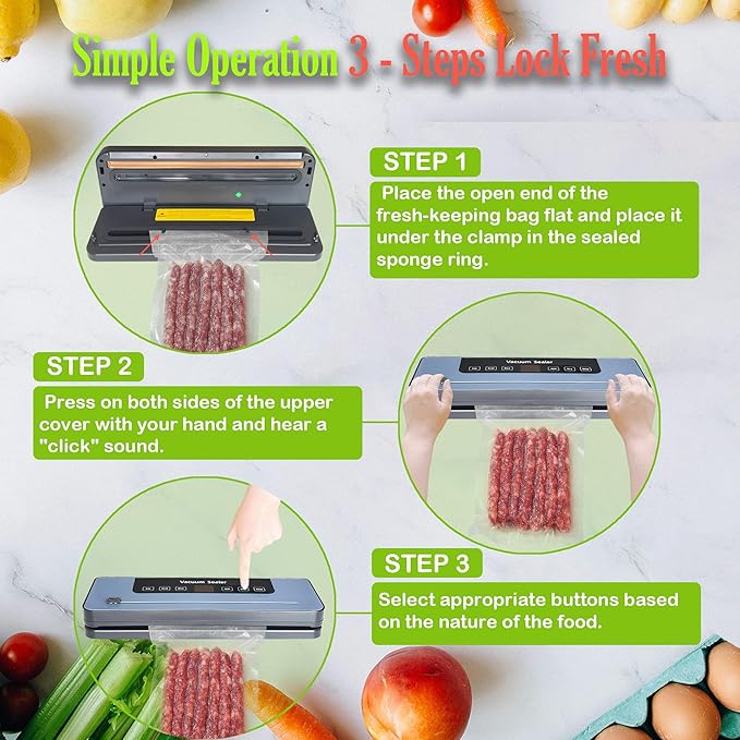 Vacuum Sealer for Food, Compact Food Saver Machine with 65kPa Suction, One-Touch Operation, Built-in Cutter, Includes 20 Vacuum Bags, Easy-to-Clean, Ideal for Meat, Vegetables, Sous Vide