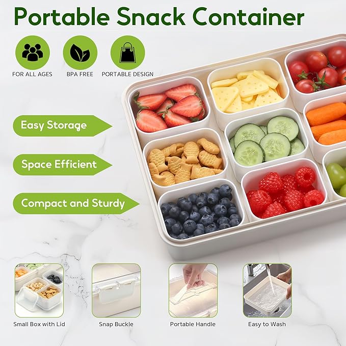 Snackle Box Container for Adults with 9 Compartment, Divided Serving Tray Snack Box Containers with Lid and Handle, Charcuterie Boxes Portable Snack Platter for Fruit Veggie Party Travel, White