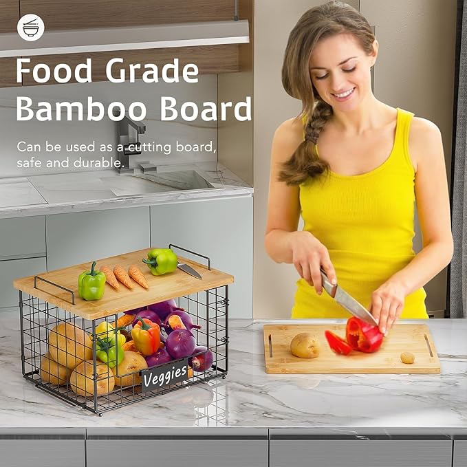 2 Set XL Wire Storage Basket with Bamboo Tops & Tags for Potato and Onion, Stackable Kitchen Counter Organizers for Pantry Organizer and Storage, Metal Storage Bins for Fruit Veggies Snack Can