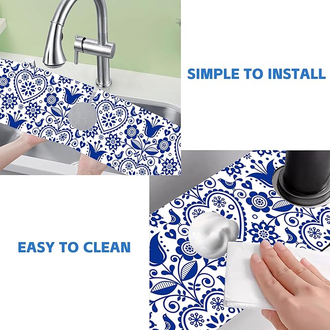 Vintage Bird Heart Floral Dish Drying Mat for Kitchen Sink Navy Blue Sink Splash Guard Faucet Mat Draining Mat Fast Drying Sink Protectors for Kitchen and Bathroom 5.5"×24"