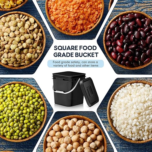 Mumufy 5 Pcs 3.5 Gallon Square Food Grade Bucket with Lid Square Bucket Pail with Plastic Handles for Storing Dry Food, Charcoal, Camping, Fishing (Black)