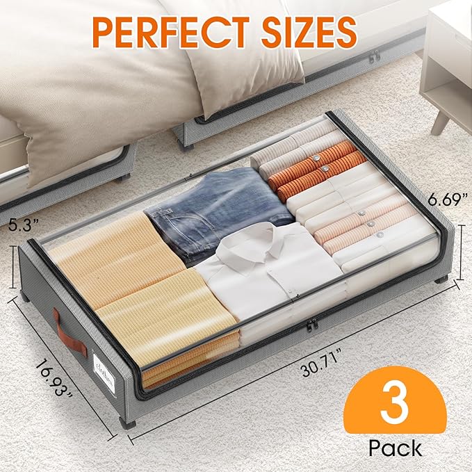 Under Bed Storage with Wheels 3Pack Underbed Storage with Clear Window&Label Under Bed Drawers Large Capacity Rolling Under Bed Storage for Clothes,Shoes, Blankets (Light Grey)