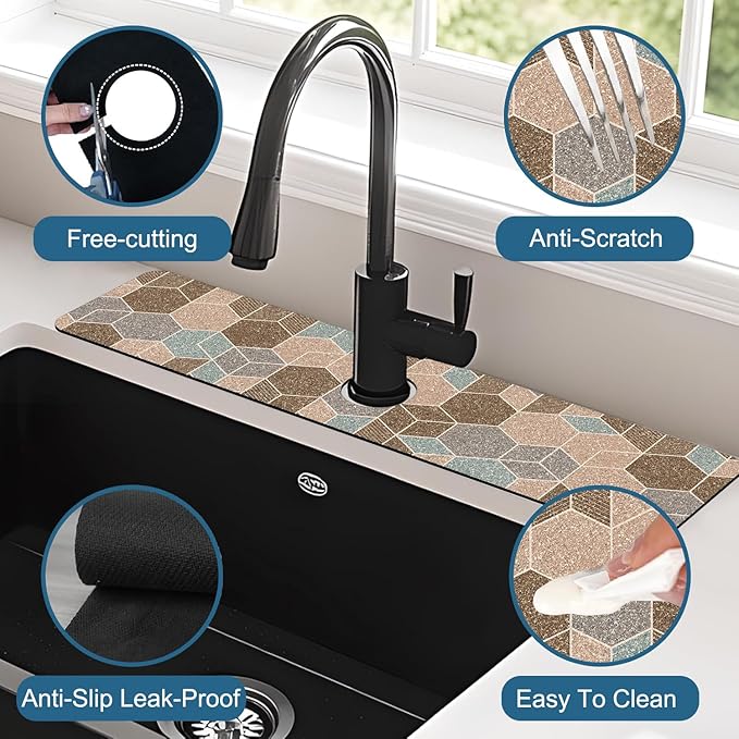Geometry Blocks Sink Faucet Absorbing Mat Glitter Geometry Super Absorbent Fast Drying Mat Sink Gadgets Behind Faucet Sinkmat for Kitchen Bathroom, 23.5"x5.5"