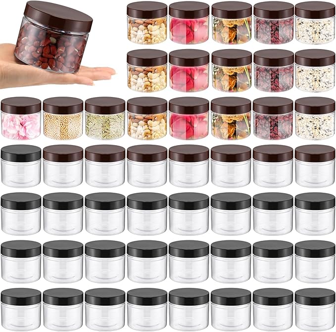 Mifoci 50 Pcs 9.5oz Clear Plastic Jars Containers Wide Mouth Food Storage Jar for Kitchen Dry Food Butter Honey Cosmetics Cream, Black and Brown (3.35''l x 2.56''h)