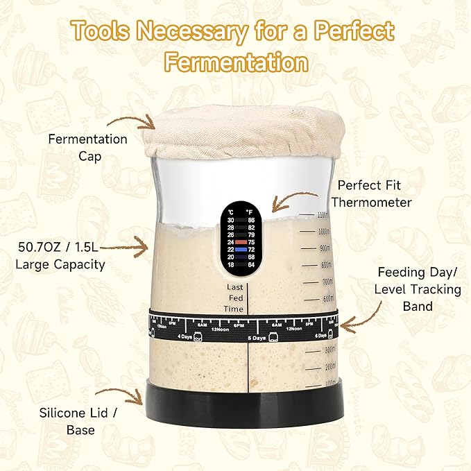 Coco Bird Pro Sourdough Starter Kit- 50oz Large Capacity Sourdough Starter Jar, 17 Flavorful Fermentation Recipes, Sourdough Bread Baking Supplies for Making Delicious Sourdough Breads(1PCS)