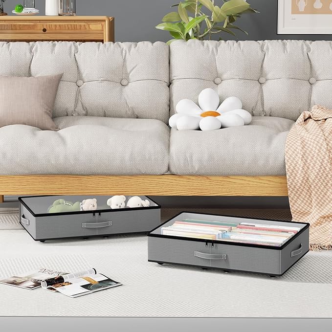 Under Bed Storage with Wheels, No Assemble Required 5.5 inches height grey under bed storage bins,Low Profile Rolling Underbed Shoe Storage containers，dorm underbed storage drawers