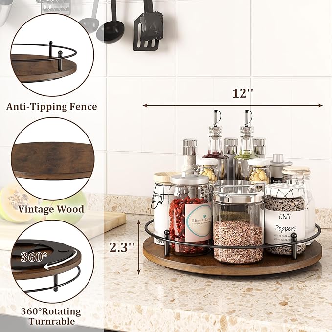 LIAISIMI 12" Lazy Susan Turntable Organizer,Round Wooden Lazy Susan Organization and Rotating Spice Rack for Dining Table,Pantry,Kitchen Countertop,Vanity,Cupboard and More.Vintage Wood(Round)
