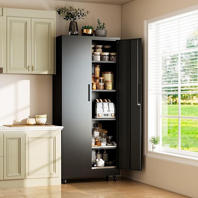 BIZOEIRON Garage Metal Storage Cabinet with Lock, 71'' Tall Storage Cabinet with Adjustable Shelves and Doors, Rolling Tool Cabinet on Wheels for Garage, Utility Room