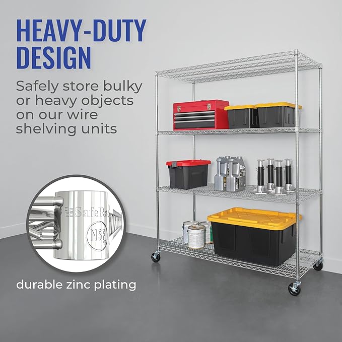 SafeRacks WS-602472-ZW4 NSF Certified 4-Tier Heavy Duty Wire Rack Storage Shelves with Wheels & Adjustable Feet, 24"x60"x72", Silver