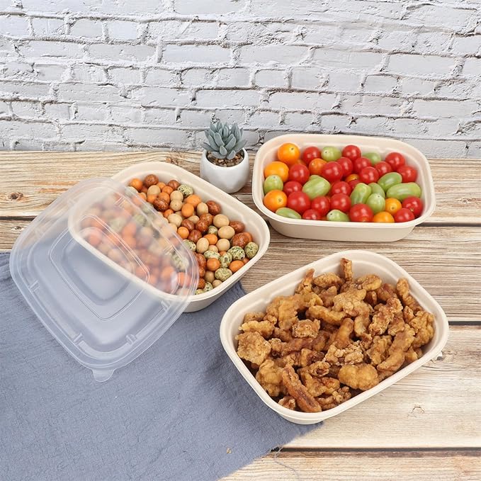 JAYEEY 35oz Disposable salad bowls with lids, Sugarcane Fiber Paper Bowls take away food containers meal prep deli container 50 Pack
