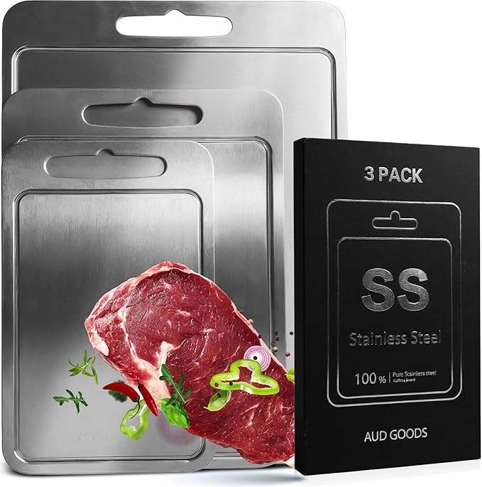 Metal Cutting Boards for Kitchen - Stainless Steel Cutting Board with Juice Grooves, Double Sided, 3 Pack Sizes, Durable and Clean Chopping Boards for Home or Professional Use