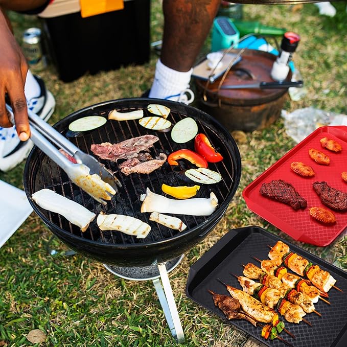 DoubleFill Set of 4 Grilling Prep and Serve Trays, 17x12 Inch Large BBQ Platter for Raw and Cooked Food, Cooking Meat Plastic Grilling Trays, Black and Red Stackable Defrosting Prep and Carry System