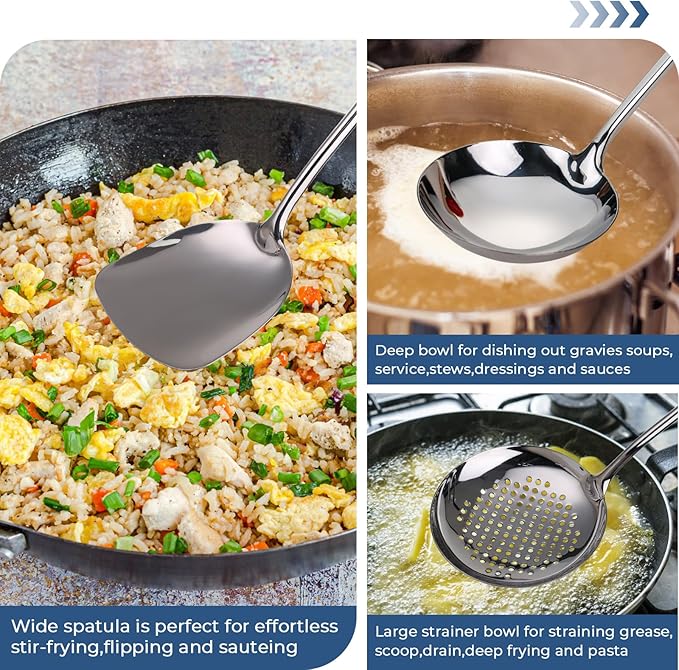 Wok Spatula and Ladle,Skimmer Slotted Spoon Set - Mirror Polished Asian Wok Cooking Tools - 18/10 Stainless Steel Wide Wok Spatula - Wok Utensils Set Professional
