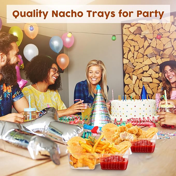 Vesici 100 Pcs 12oz Nacho Trays Disposable 2 Compartment Food Snack Tray Concession Stand Supplies Movie Night Clear Plastic Cheese Dip and Chip Holder for Candy School