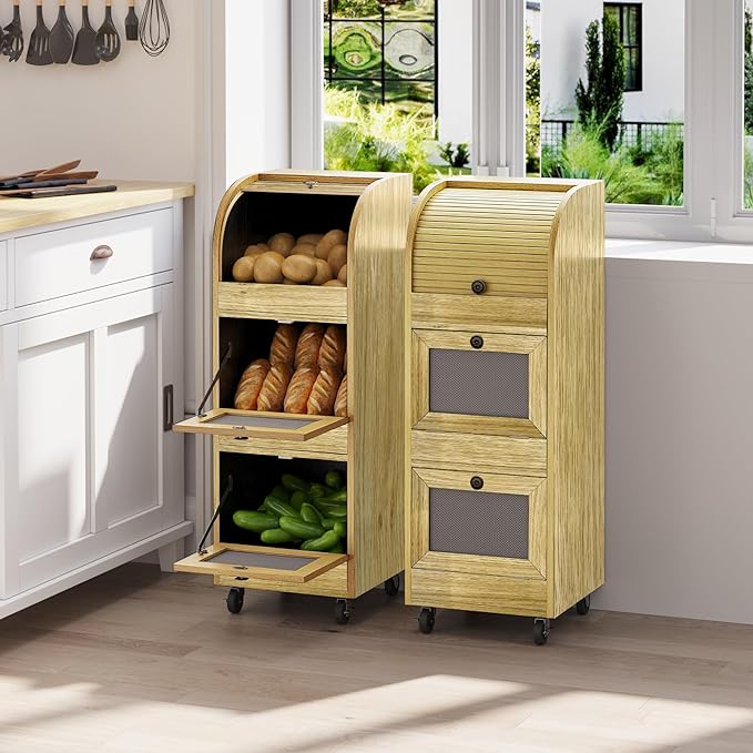 Potato and Onion Storage Bin,Potato Storage Bin Movable Bread Box with Wheels,Root Fruit and Vegetable Storage,Farmhouse Bread Storage Container,Kitchen Pantry Cabinet (Natural)