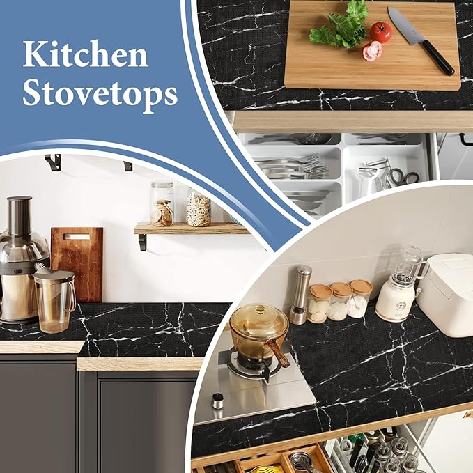 Drawer and Shelf Liner for Kitchen Cabinet: 23 in X 30 Ft Non Slip Waterproof Shelf Paper Non Adhesive Refrigerator Liners Black Marble Easy Liners for Bathroom with Knife Tape Measure