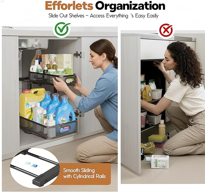 ValorTiger 2 Pack Under Sink Organizer, Dual-Layer Pull Out Mesh Cabinet Rack with 5-Level Height Adjustment, Rust-Resistant Sliding Storage for Bathroom & Kitchen, Multi-Purpose 2-Tier Shelf(Black)