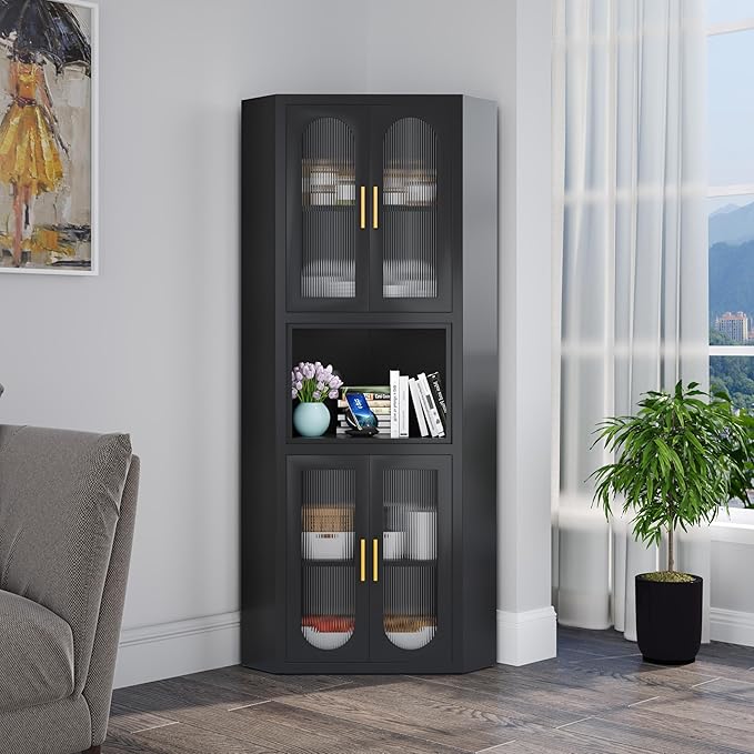 pozdeg 64" Tall Metal Corner Storage Cabinet with Acrylic Glass Doors ＆ Open Display Storage Shelves, Farmhouse Corner Pantry Storage Cupboard for Kitchen, Laundry Room, Bathroom or Bedroom (Black)