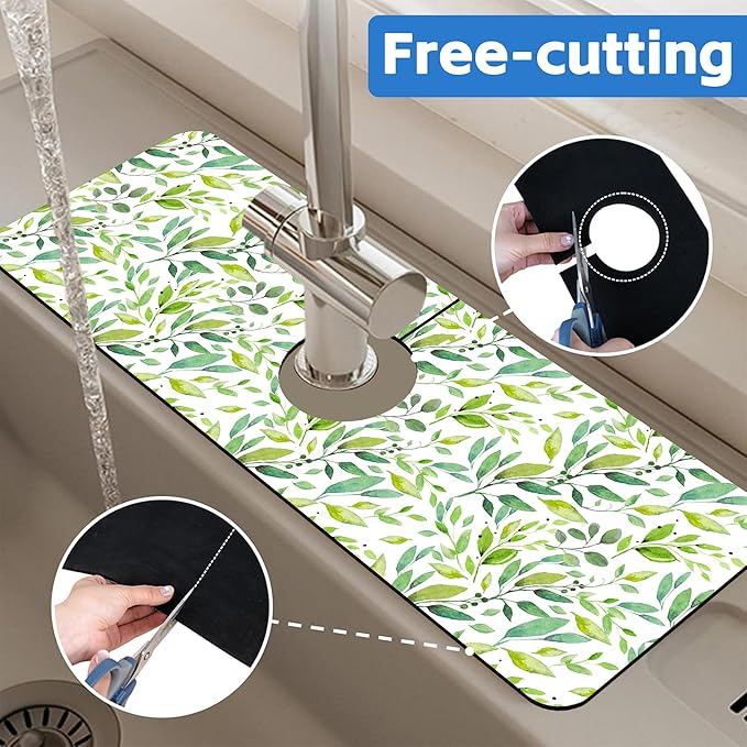 Tropical Eucalyptus Leaves Kitchen Sink Splash Guard Mat Absorbent Fast Drying Mat Faucet Draining Mat Sink Splash Guard Behind Faucet Drip Catcher for Kitchen Bathroom 5.5"×15"