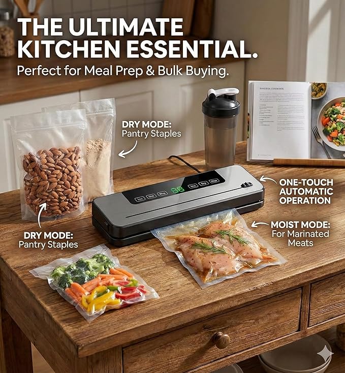 Vacuum Sealer Machine for Food |Automatic Air Sealing System with Dry & Moist Modes, One-Touch Operation &15 Bags Included. Keep Meat, Veggies & Leftovers Fresh Longer, Perfect for Meal Prep