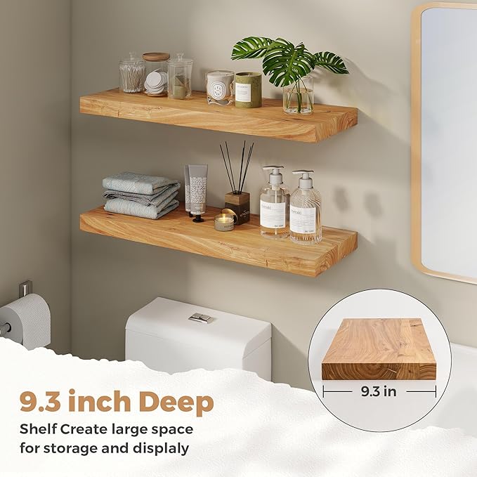 RICHFOCUS Elm Floating Shelves for Wall - 30" W x 9.3" D Rustic Solid Wood Shelves with Invisible Bracket, Wall-Mounted for Living Room, Bedroom, Kitchen Storage & Display, Set of 2, Natural