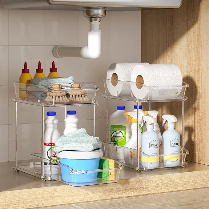 Delamu 2-Tier Under Sink Organizers and Storage, Multi-Purpose Stackable Bathroom Cabinet Organizers, Pull Out Kitchen Pantry Organization and Storage with Dividers(3 Pack, Clear)