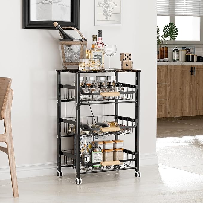 Fruit Vegetable Basket for Kitchen,4 Tier Pantry Organizer with Wheels,Snack cart with Wood Top,Metal Wire Storage Basket Organizer Baskets for Kitchen, Pantry, Bathroom