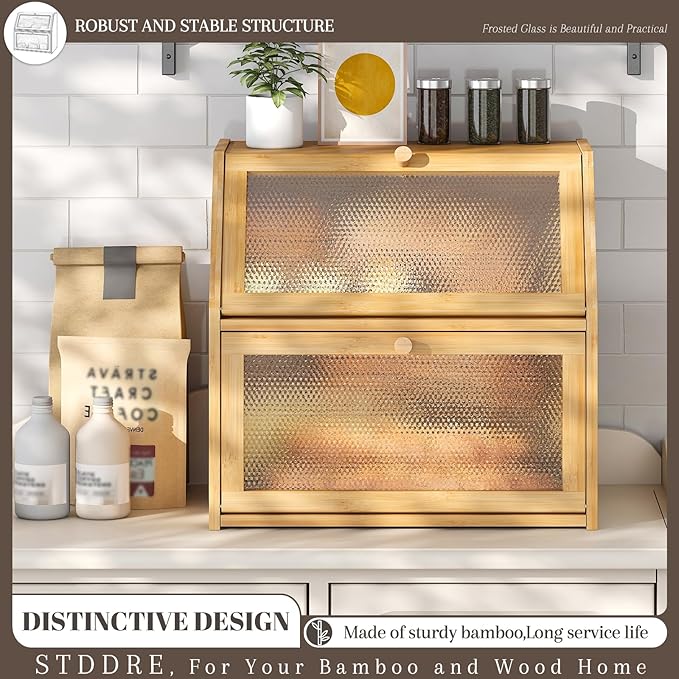 STDDRE Bread Box for Kitchen Countertop Bin Double Layer Bread Box Storage Container Extra Large Capacity with Diamond Pattern Windows (Natural, Extra Large)