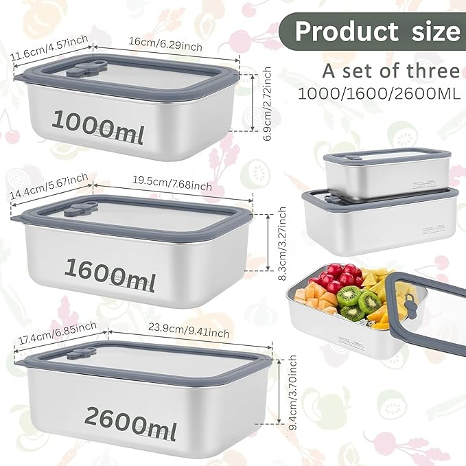Stainless Steel Food Storage Containers-3Pcs Leakproof, Airtight Stainless-Steel Bowls with Lids, Freezer/Dishwasher/Microwave Safe Containers, Durable & Stackable Stainless Steel Containers with Lids