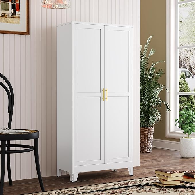 PAOFIN Metal Kitchen Pantry Storage Cabinet with 2 Doors and 3 Adjustable Shelves,Pantry Cabinet with Adjustable Leveling Foot for Kitchen, Living Room, Dining Room（White）