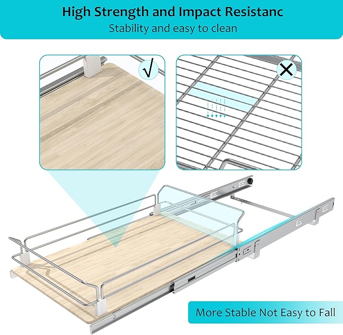Pull Out Cabinet Organizer 18" W X 22" D, Slide Out Drawers For Kitchen Organizers and Storage, Pull Out Drawers For Cabinets Capacity Heavy Duty Caddy, Cabinet Shelves Wood Chrome, Pantry Storage