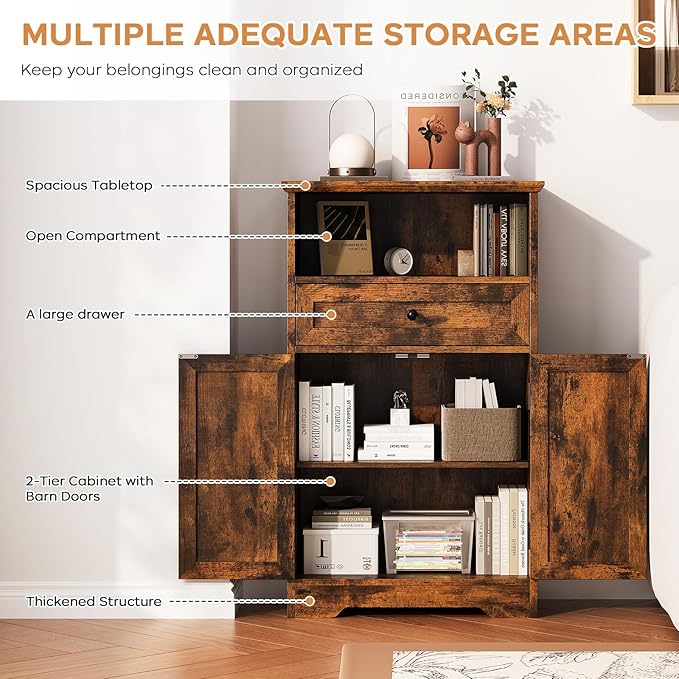 Viroformo Floor Cabinet, Farmhouse Storage Cabinet with Barn Doors and Drawer, 11.81" D x 23.62" W x 39.37" H Rustic Brown Freestanding Adjustable Shelf Organizer for Bathroom, Kitchen, Living Room