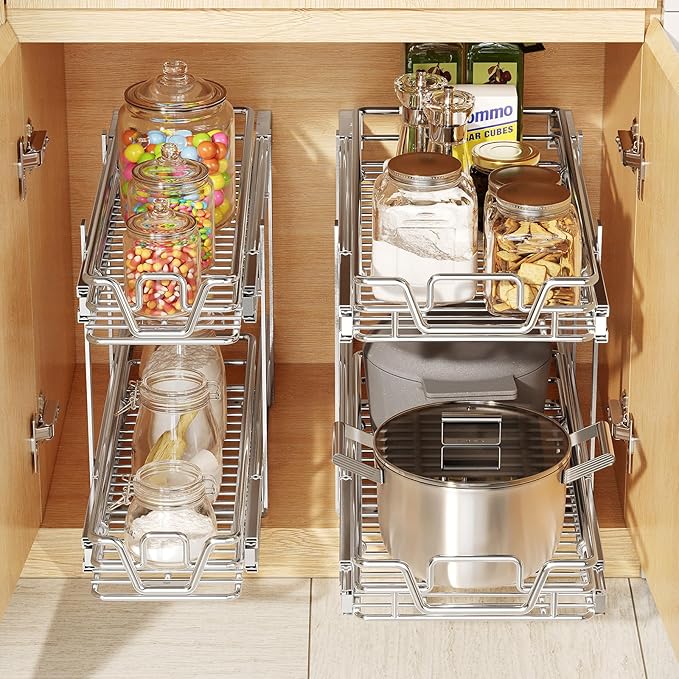QUYUWU 2-Tier Kitchen Cabinet Pull Out Shelf and Drawer Organizer Slide Out Pantry Storaqe Basket in Multiple Sizes (21" W x 21" D,)
