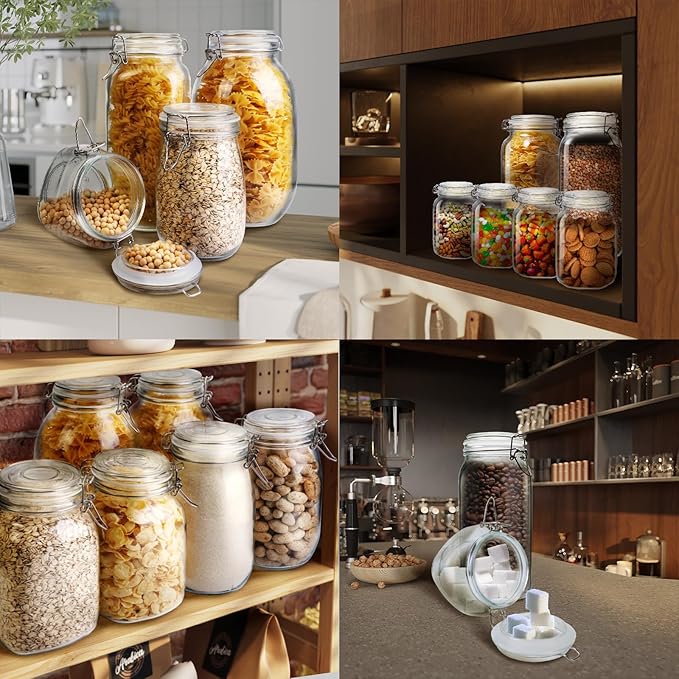 78oz - 3 Pack Square Glass Jars with Airtight Lid, Wide Mouth Mason Jars with Clamp Lids, Air Tight Glass Canisters, Best Food Storage Containers for Flour, Sugar, Cereal, Pasta, Rice, Coffee, Spice