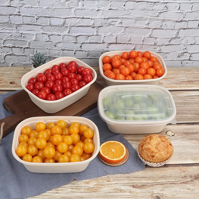 JAYEEY 44 oz Disposable salad bowls with lids, Sugarcane Fiber Paper Bowls take away Bagasse food containers meal prep deli container 50 Pack