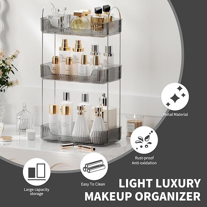 Bathroom Organizer Countertop, Vanity Trays for Skincare Makeup, Counter Organizer for Cosmetics, Toiletries, Lotions, Perfumes (3 Tiers, Grey)