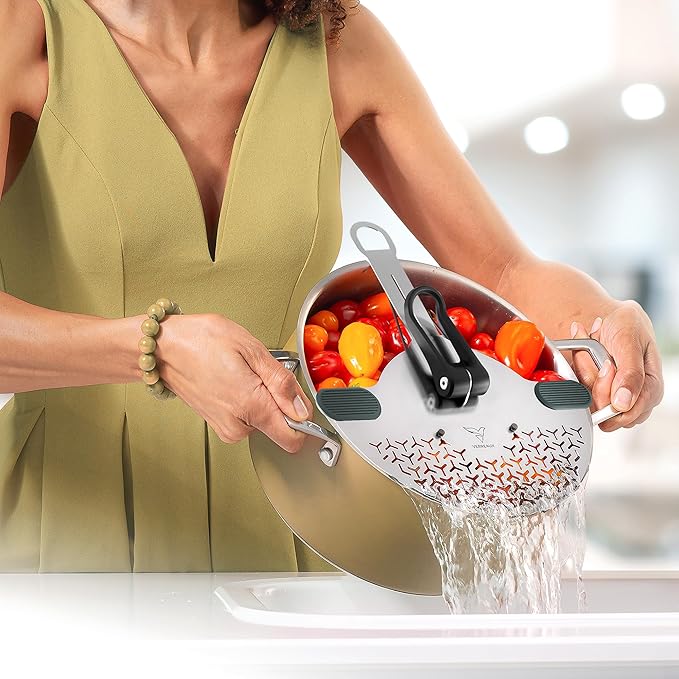Kitchen Strainer & Pot Drainer Clip-On Stainless Steel Colander for Pots & Pans (6.3-9.8 in / 16-24 cm) | Universal Fit Pasta & Noodle Strainer | Hands-Free Swiss Design, Dishwasher-Safe