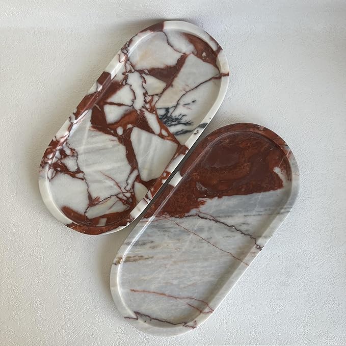 SAIDKOCC Natural Marble Oval Tray Ornaments Vintage Small Tray Storage Dish for Counter, Vanity, Dresser, Nightstand and Desk (Calacatta Red)