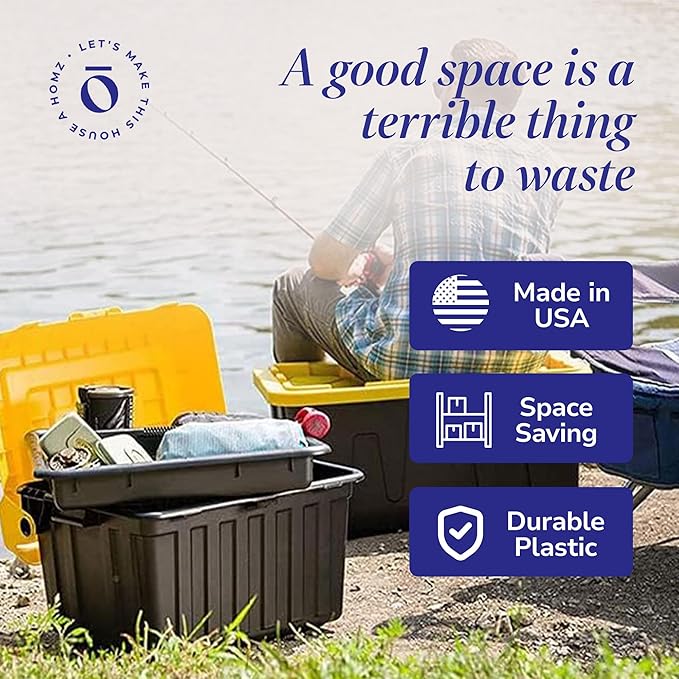 HOMZ 4-Pack Durabilt Tote, Heavy Duty Plastic Storage Bins with Lids, 34 Gallon, Black/Yellow - Stackable Organizing Containers for Home, Garage, and Office