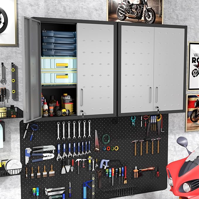 BIZOEIRON Garage Wall Mounted Storage Cabinet with Doors and Shelves, Lockable Metal Wall Cabinet, Hanging Tool Cabinet for Garage Utility Room (Black & Grey)