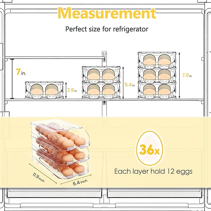 Egg Holder for Fridge, Automatic Steady Rolling Egg Container with Soft Bumpers & Handle for Refrigerator, Stackable Fridge Organizers and Storage with Lid