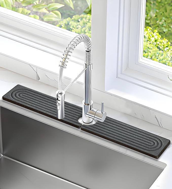 Faucet Mat for Kitchen Sink,23.6" Diatomite Stone Drying Mat,Quick Drying Splash Guard,Super Absorbent.Kitchen ,Bathroom Sink Splash Guard, Durable Countertop Protection (Darkgrey)