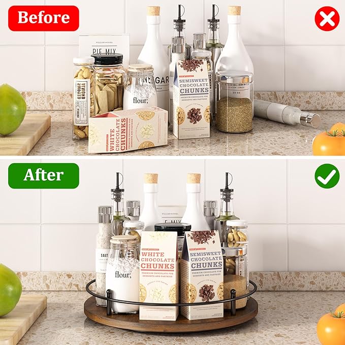 LIAISIMI 12" Lazy Susan Turntable Organizer,Round Wooden Lazy Susan Organization and Rotating Spice Rack for Dining Table,Pantry,Kitchen Countertop,Vanity,Cupboard and More.Vintage Wood(Round)