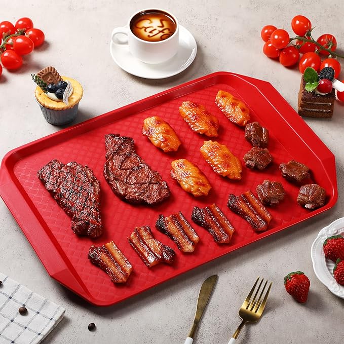 DoubleFill Set of 4 Grilling Prep and Serve Trays, 17x12 Inch 14x10 Inch Large BBQ Platter for Raw and Cooked Food Plastic Grill Tray, Black and Red Stackable Defrosting Grill Prep and Carry System