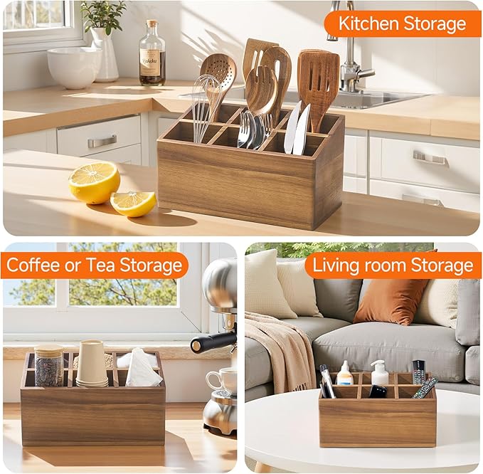 ONEARF Wooden Utensil Holder Counter, Kitchen Utensil Organizer Large 6 Compartment Cooking Utensils Holder, Acacia Rustic Wood Farmhouse Storage Container Crocks for Silverware and Cooker Set